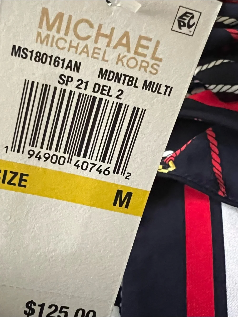 Michael Kors Navy Handkerchief Hem Skirt with Red and White Rope Print